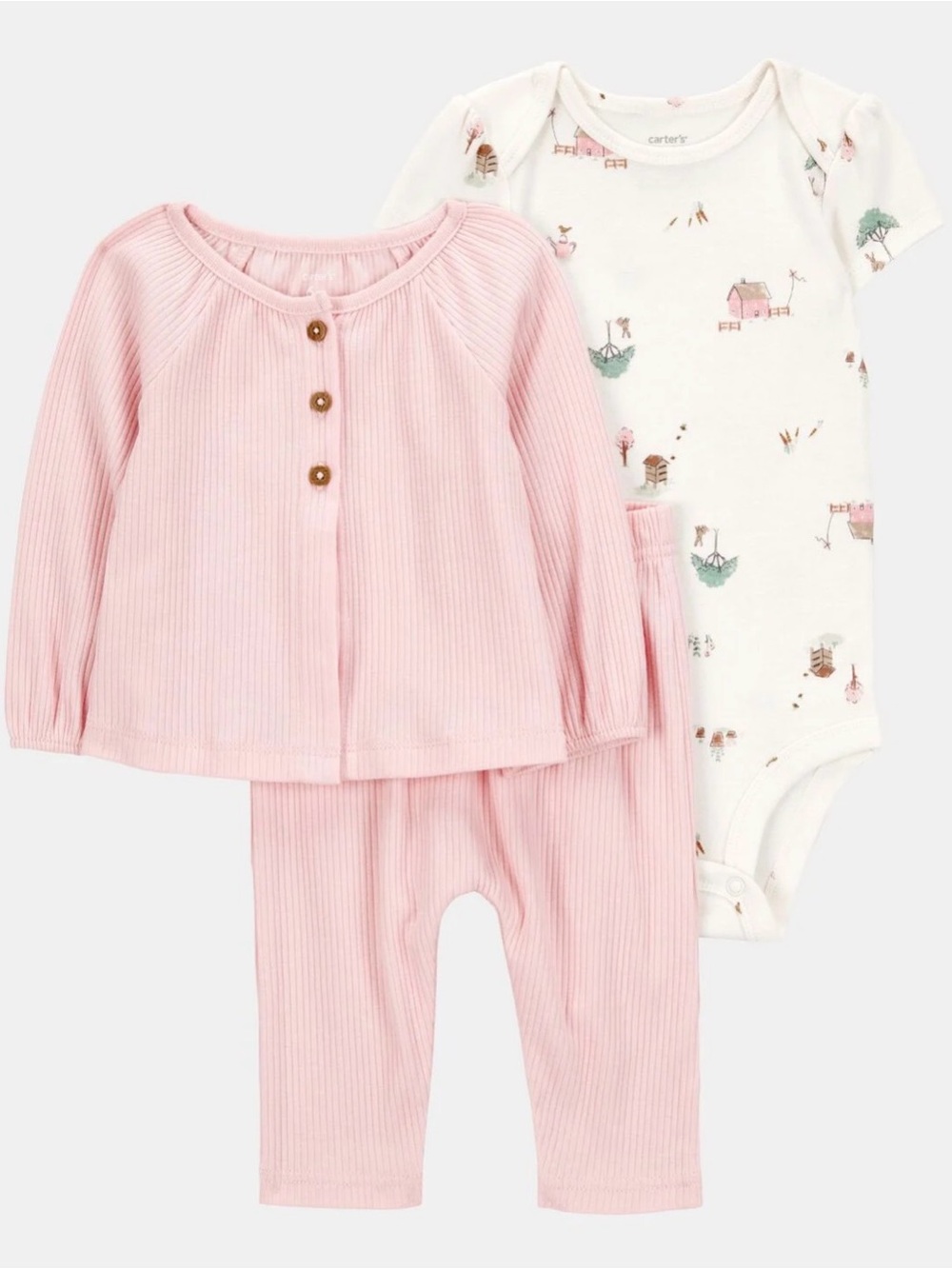 NWT Carter's Light Pink Ribbed Baby 3-Piece Set with Barn Print Bodysuit 9Mo